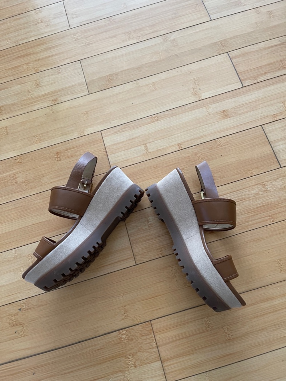 Women Michael Kors Brown Leather Double-Strap Slingback Platform Shoes Sandals 8 - Picture 8 of 11